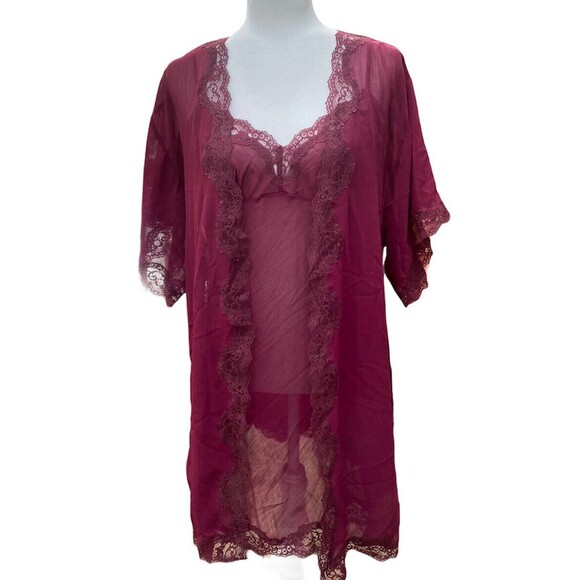 Vtg Delicates Peignoir Robe Nightie Sleep Set Size S/M Burgundy Purple Lace USA - Picture 2 of 9